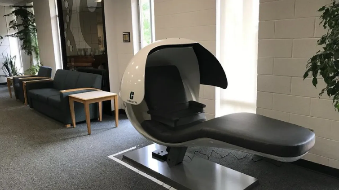 A salon chair in the Northeast Piano Lounge