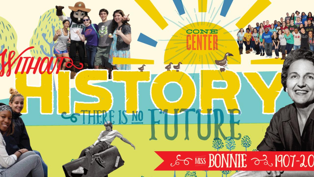 "Without history there is no future" quote over mural of cone center honoring Bonnie Cone